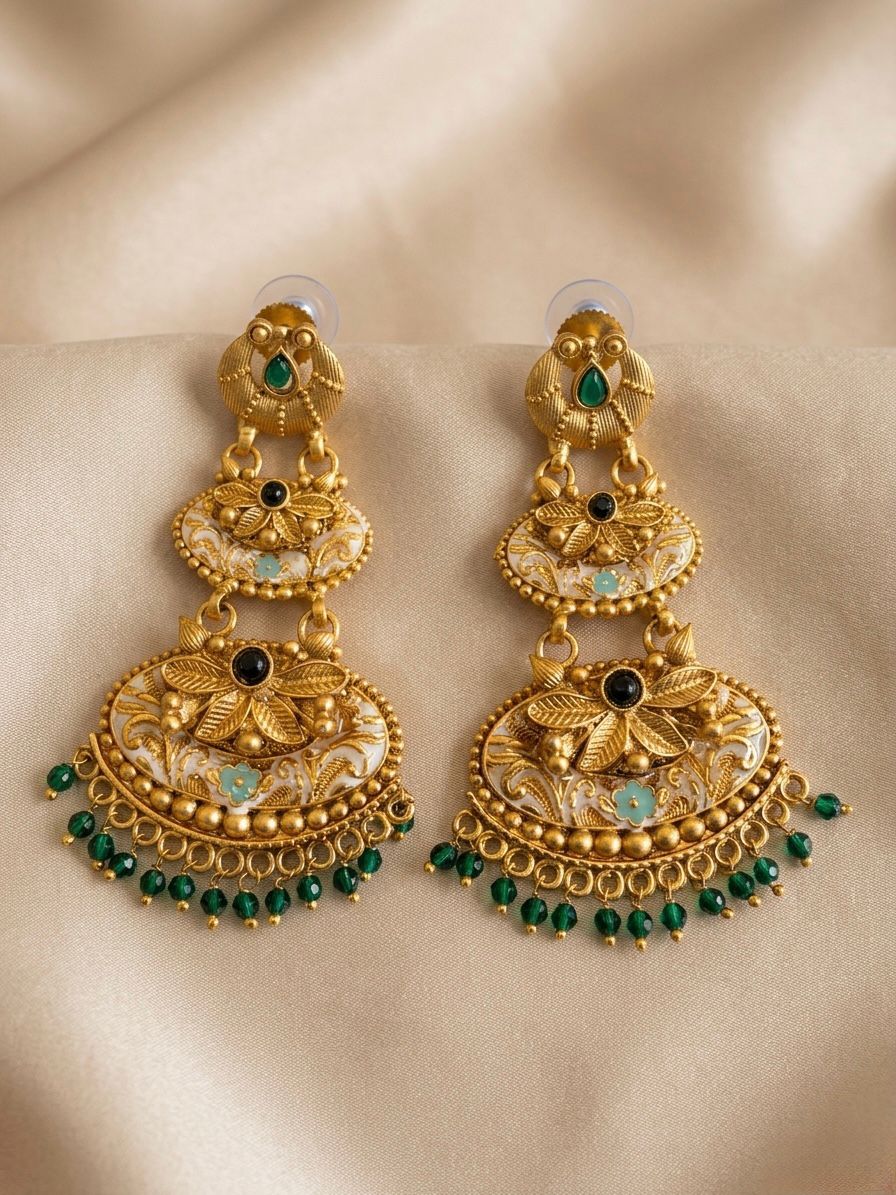 Antique Gold Chandbali Earrings with Green Beads & | llb102