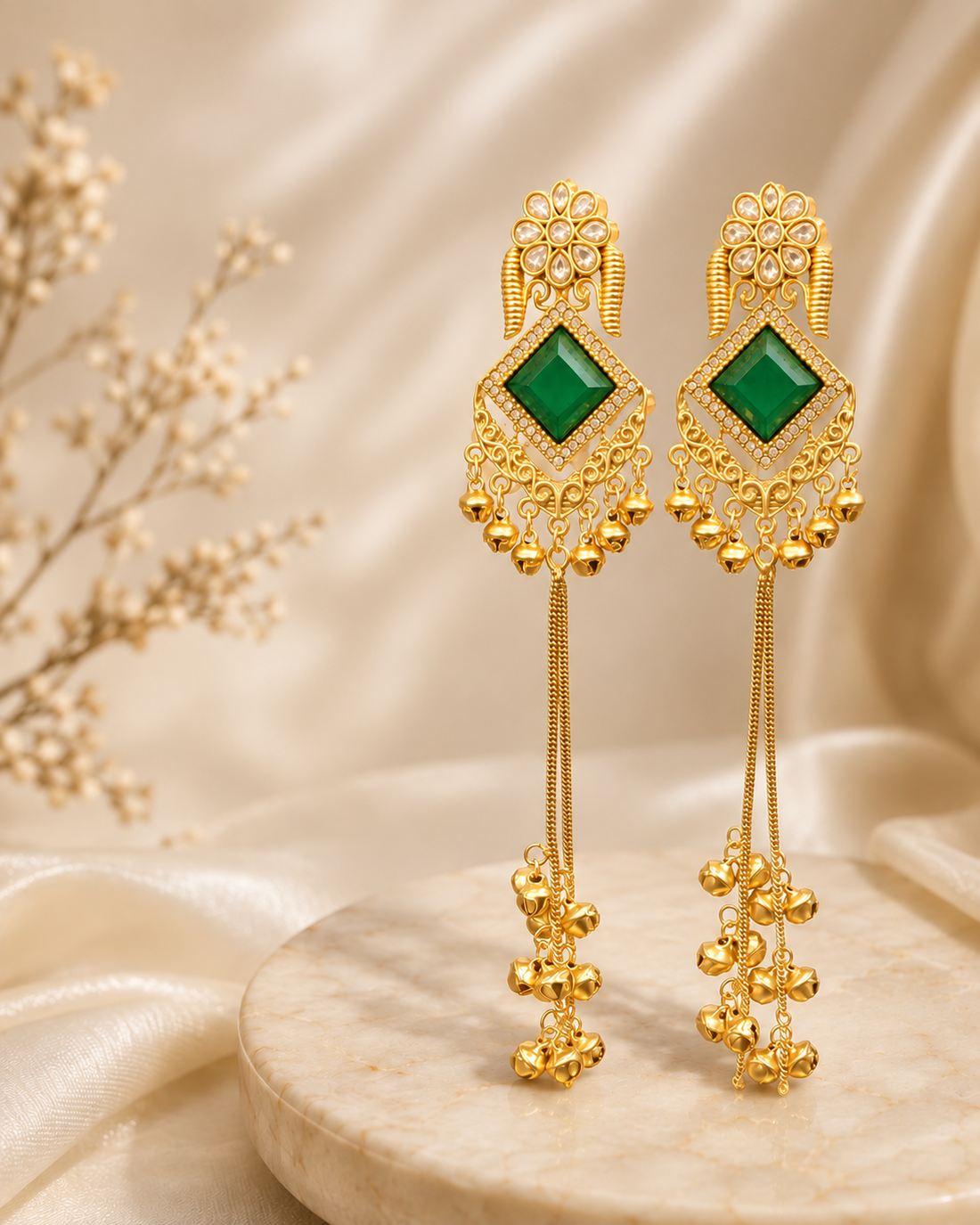 Gold Emerald Chandbali Ghungroo Tassel Earrings | L22388