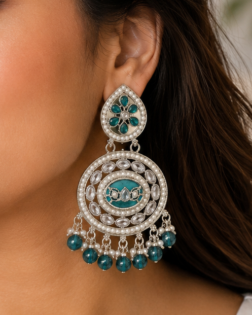 Silver Teal Meenakari Lotus Chandbali Earrings | OLT89