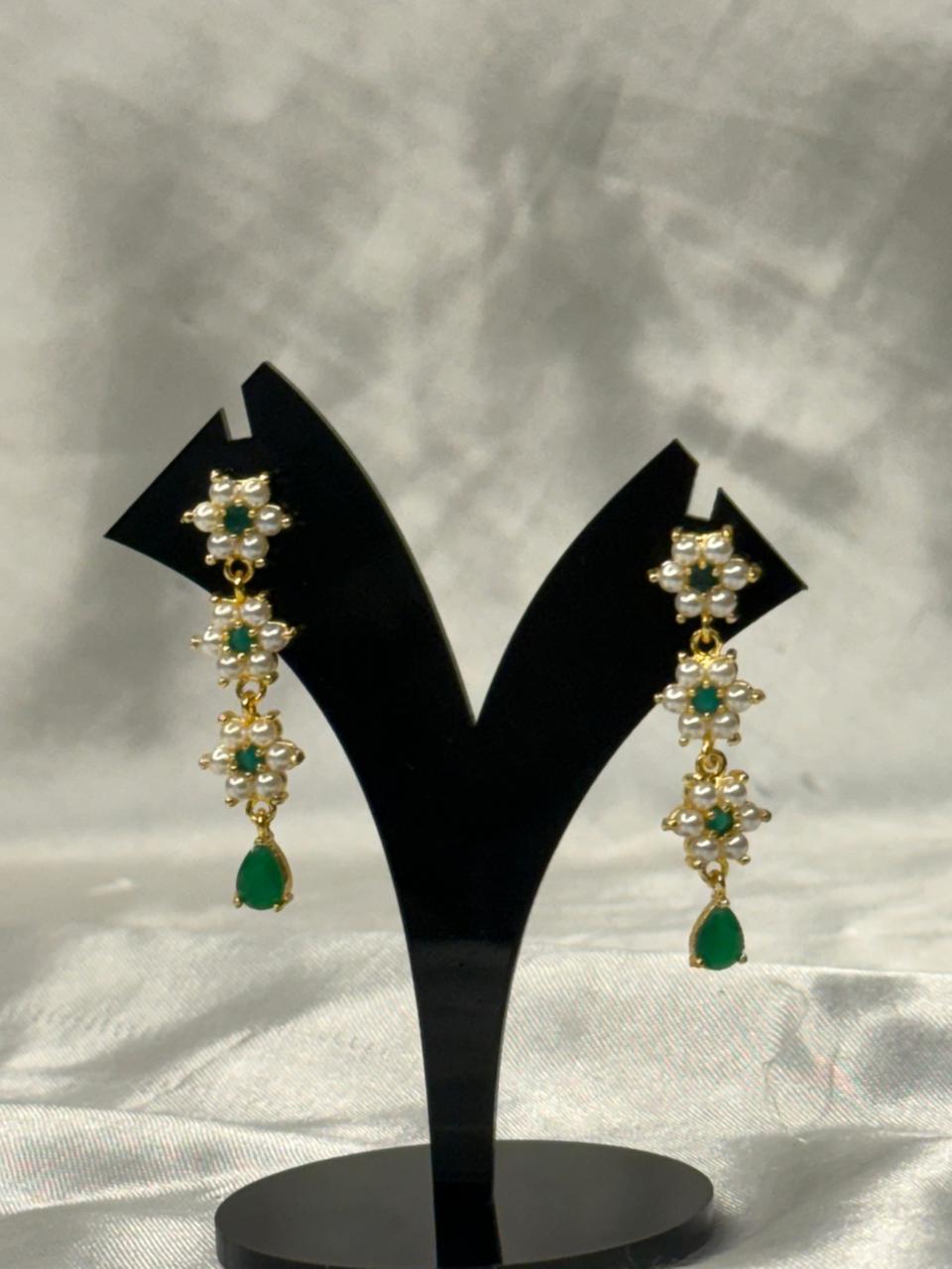 Pearl & Green Stone Floral Earrings for Women,llb572