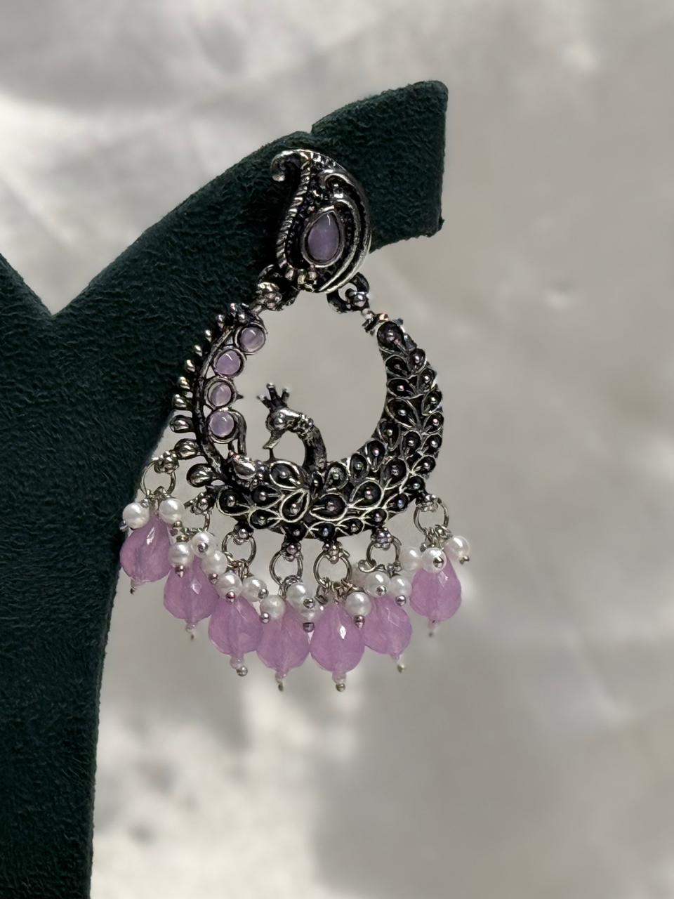 Oxidised Silver Peacock Chandbali Earrings with Lilac Stones,llb607