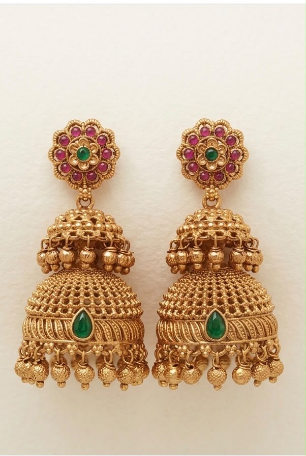 Antique Gold Double Layer Jhumka Earrings with Ruby & Emerald | LLB0165