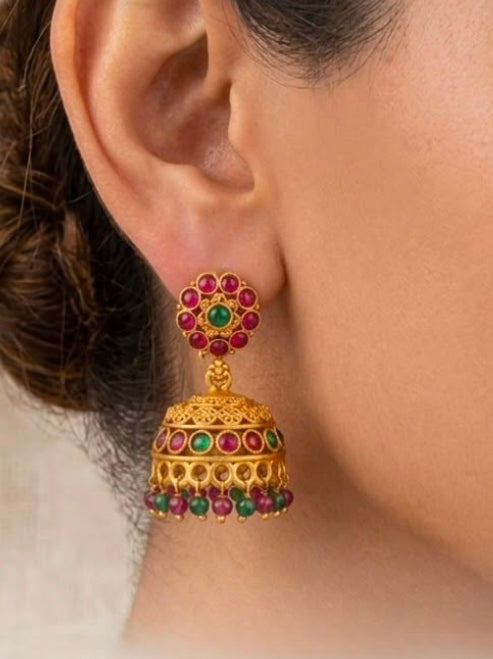 Antique Gold Ruby & Emerald Floral Jhumka Earrings | LLB0167