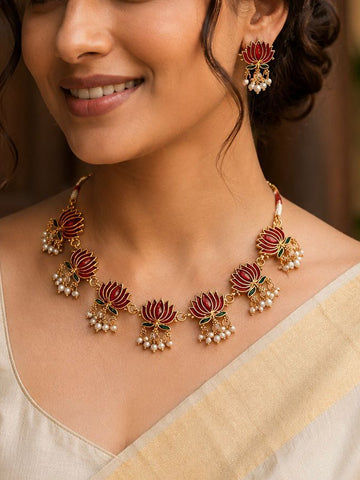 Lotus Temple Necklace Set with Ruby Enamel & Pearl Drops & Earrings | llb031