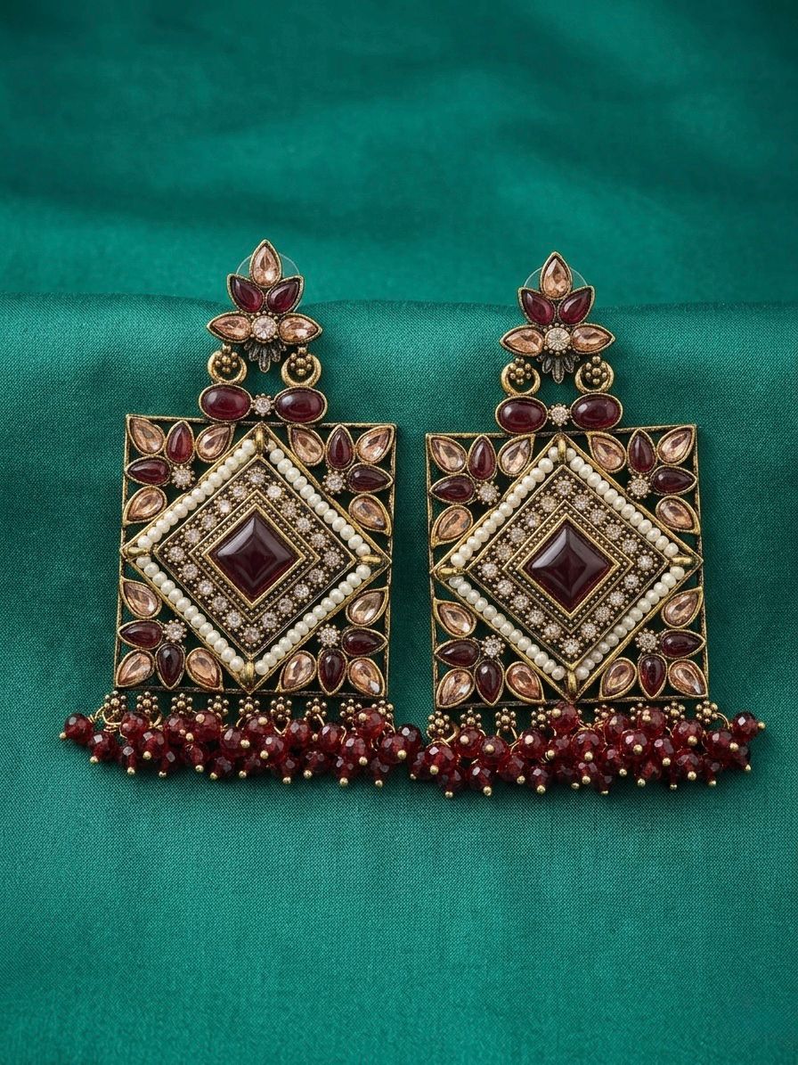 Maroon Kundan Square Earrings | llb0117