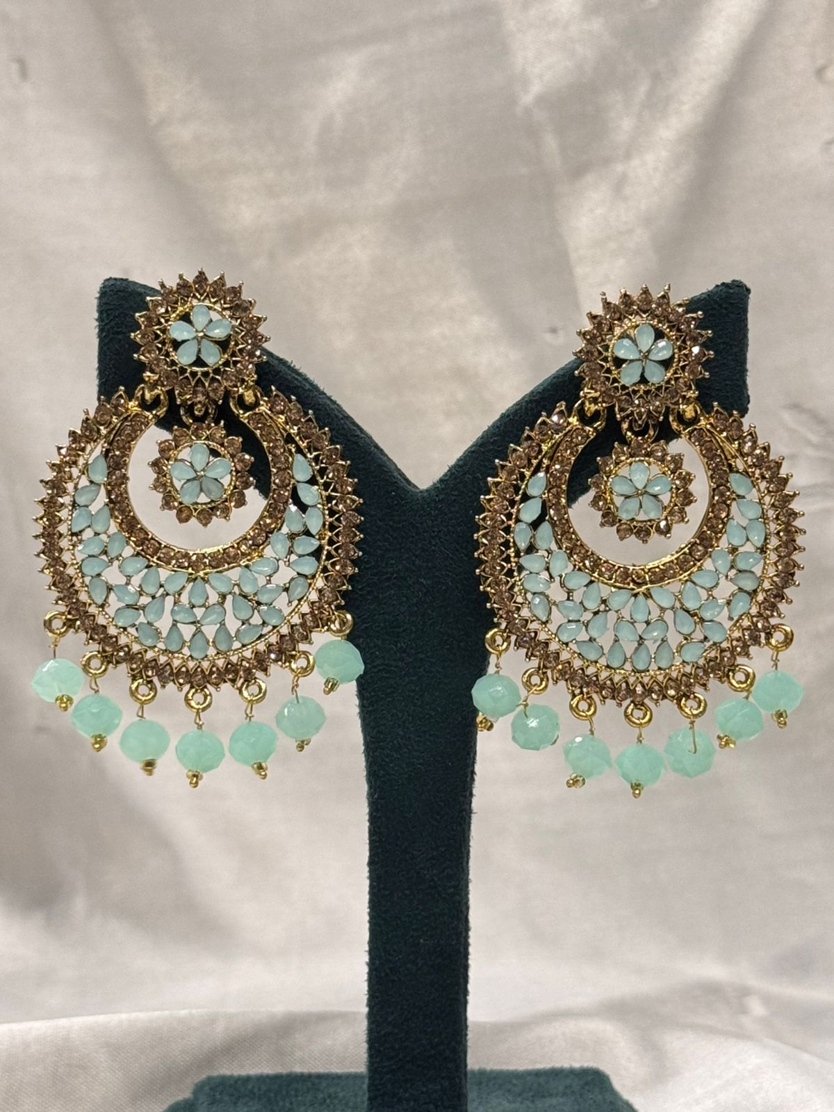 Mint Green Floral Chandbali Earrings with Gold Finish,llb660