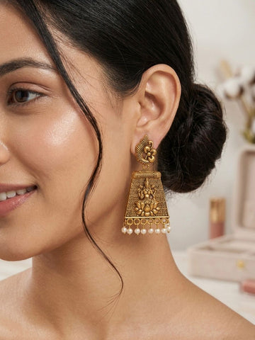 Lakshmi Temple Jhumka Earrings with Pearl Drops |  llb0134