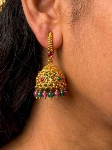 Antique Gold Hoop Jhumka Earrings with Ruby & Emerald Bead Drops | LLB0178