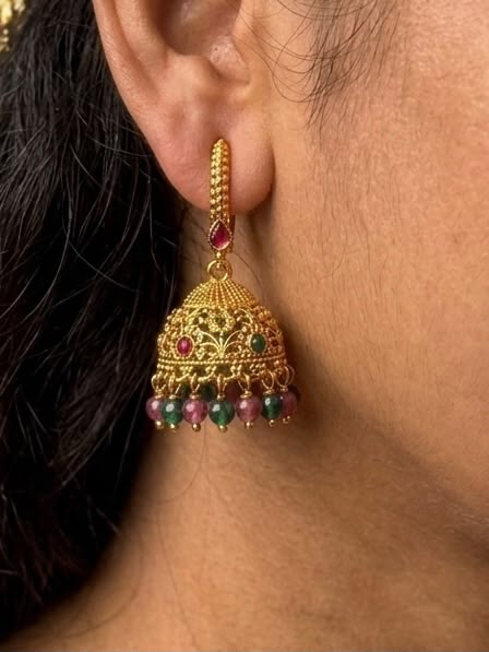 Antique Gold Hoop Jhumka Earrings with Ruby & Emerald Bead Drops | LLB0178