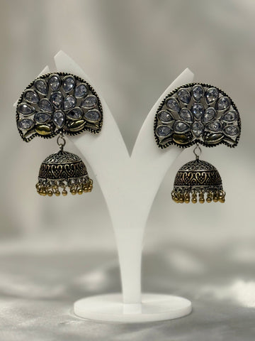 Antique Gold Peacock Design Jhumka Earrings with Crystal Stones,llb643