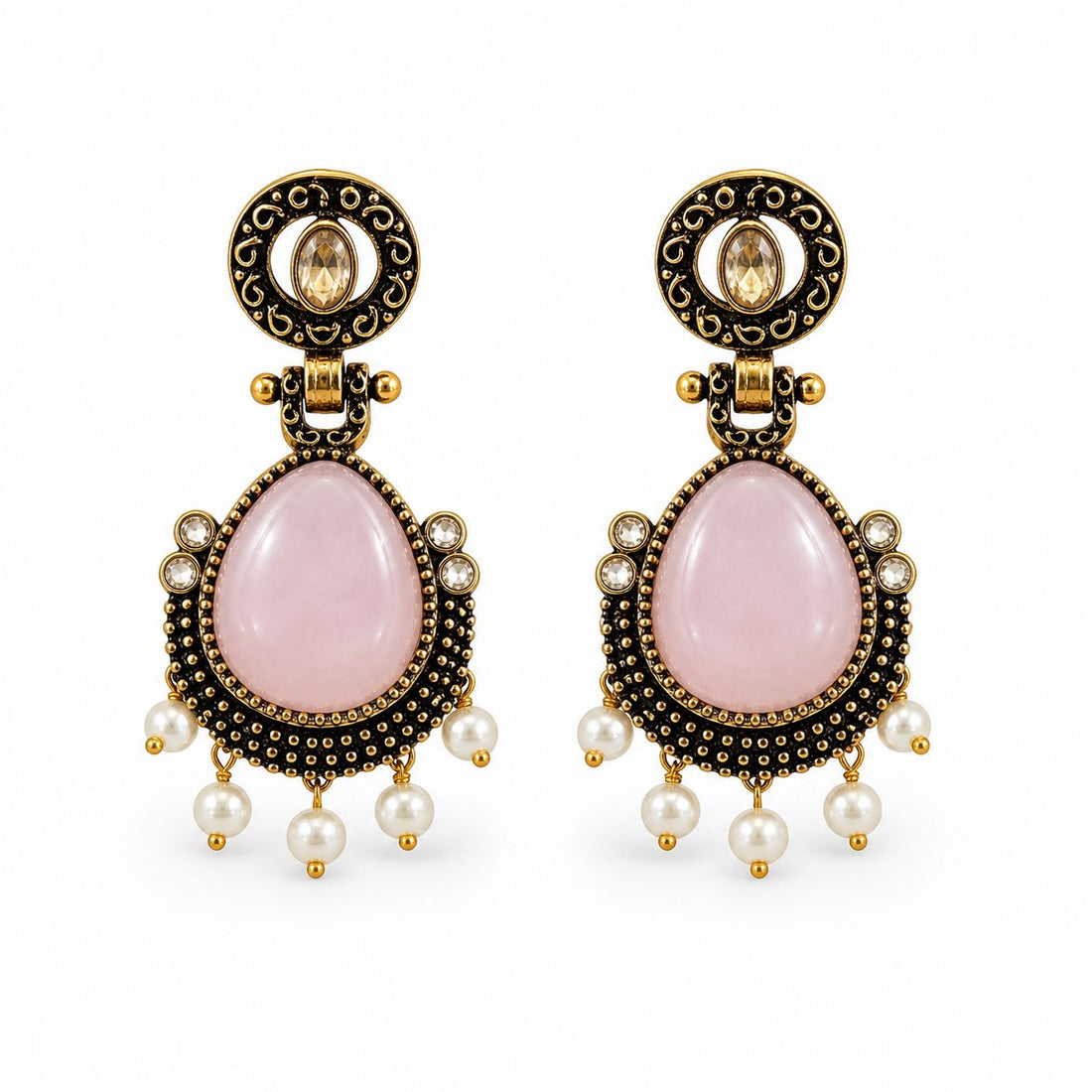 Pink Stone Antique Gold Drop Earrings with Pearl Dangles / llb018