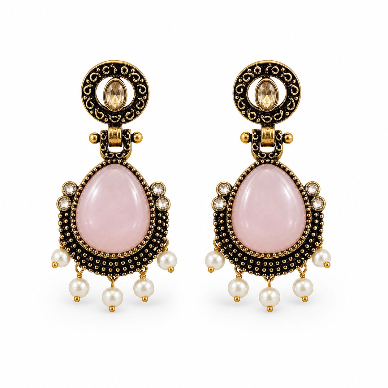 Pink Stone Antique Gold Drop Earrings with Pearl Dangles / llb018