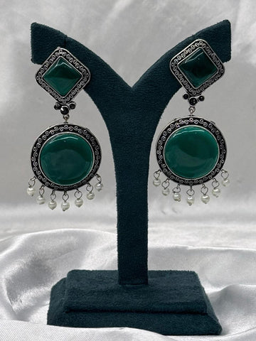 Green Stone Oxidised Silver Statement Earrings,llb586