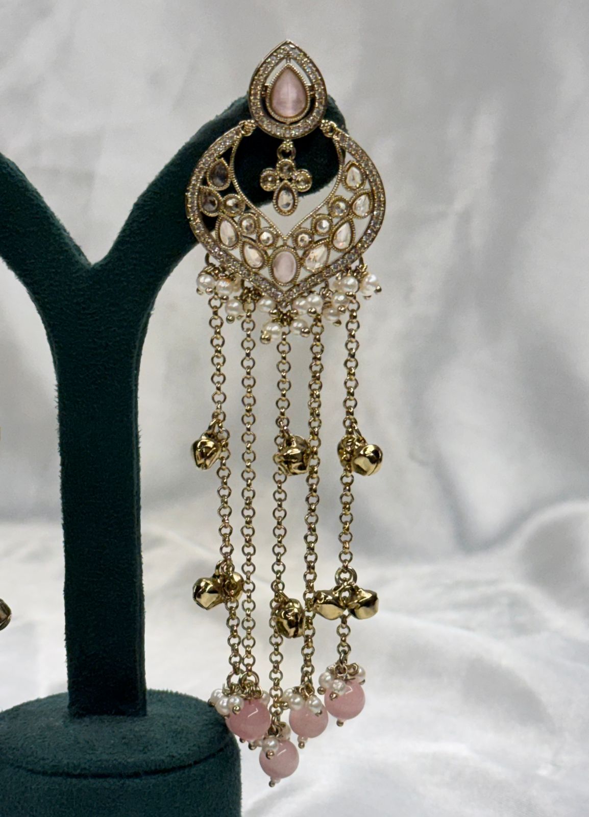 Antique Gold Pink Stone Chandelier Earrings with Pearls,llb563
