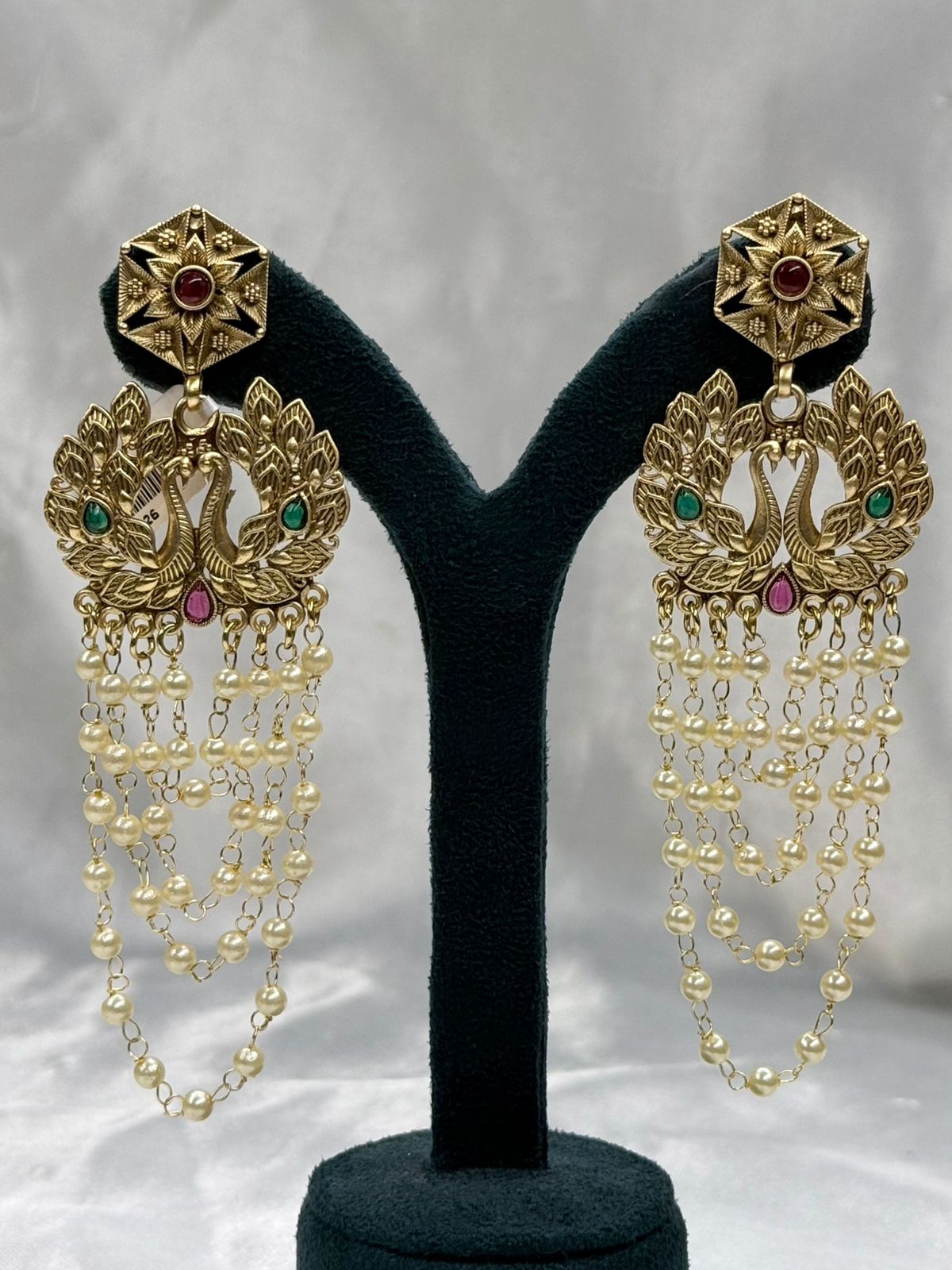 Antique Gold Peacock Design Earrings with Pearl Drops,llb560