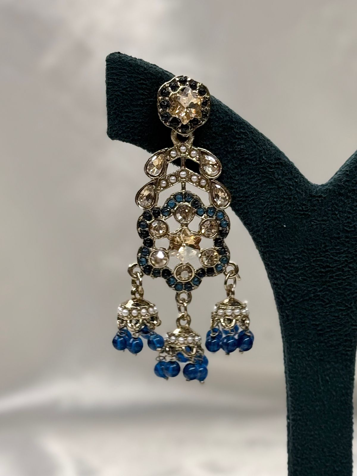 Blue Kundan Jhumka Earrings with Crystal & Pearl Drops,llb623