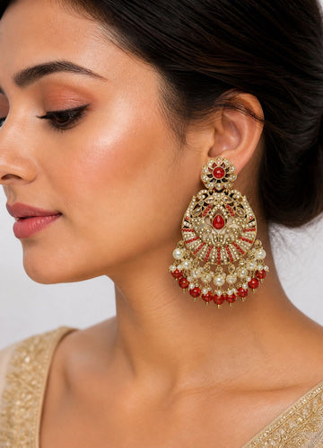 Red Kundan Chandbali Earrings with Pearl & Coral Drops | Llabel Fashion / llb996