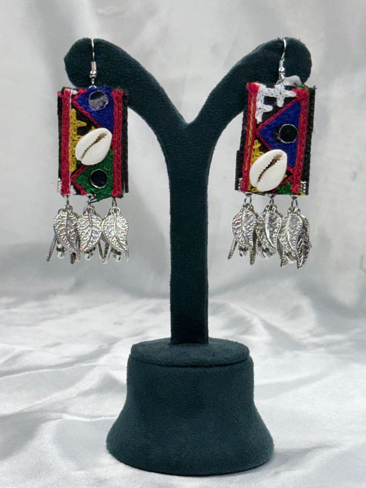 Handcrafted Tribal Fabric Earrings with Cowrie Shell & Silver Char,llb0552