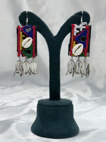 Handcrafted Tribal Fabric Earrings with Cowrie Shell & Silver Char,llb0552