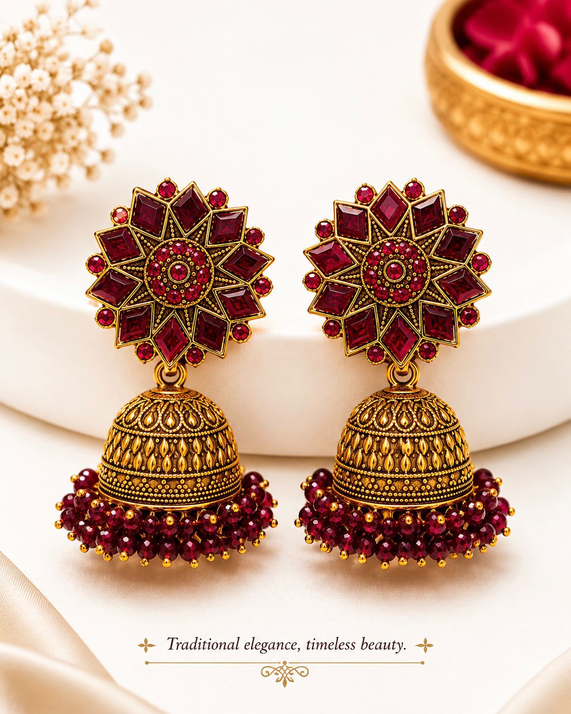 Antique Gold Jhumka Earrings | Ruby Kemp Stone & Maroon Bead Drops | llb0138