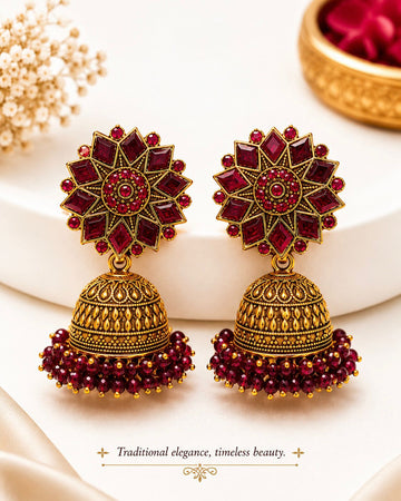 Antique Gold Jhumka Earrings | Ruby Kemp Stone & Maroon Bead Drops | llb0138