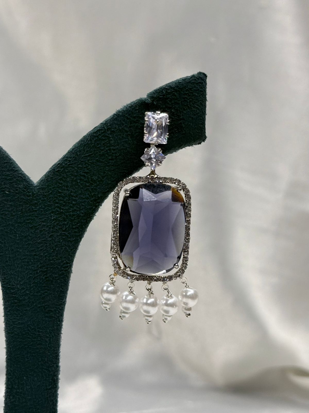 Dark Blue Stone Crystal Earrings with Pearl Drops,llb564