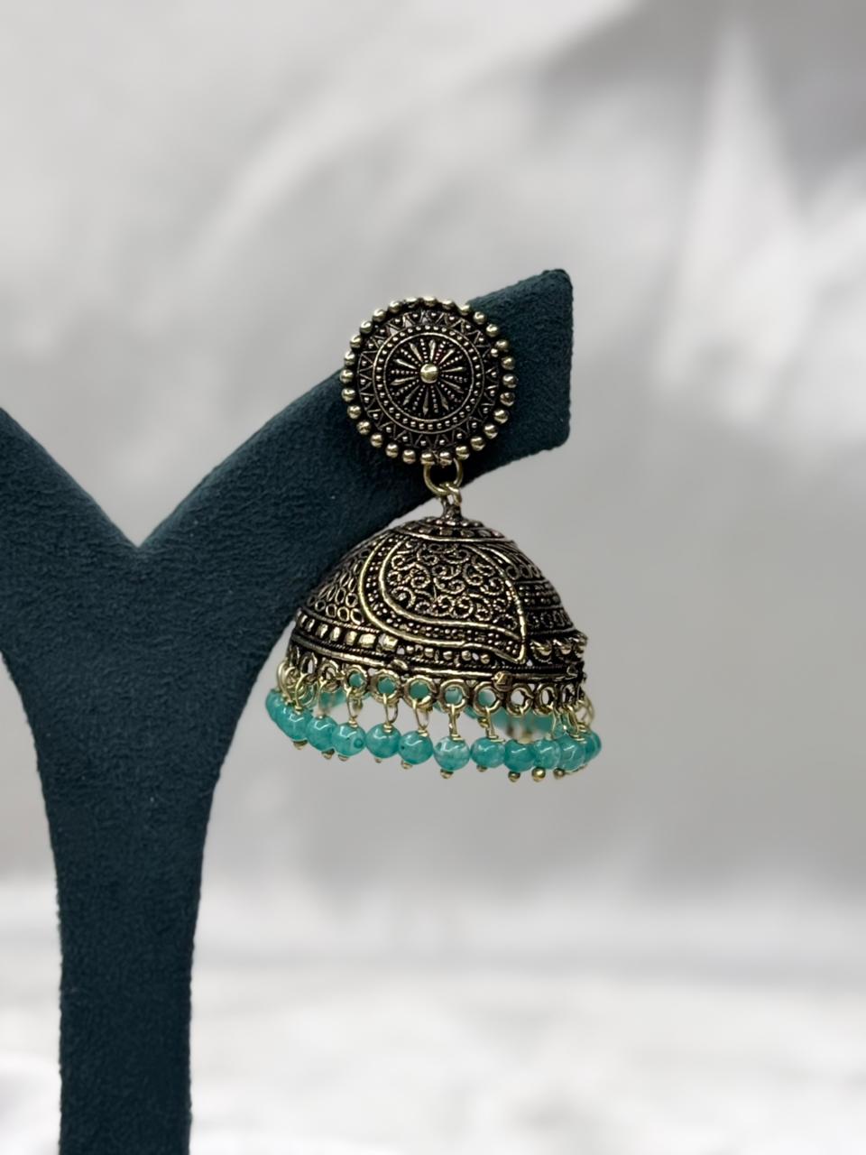 Antique Gold Oxidised Jhumka Earrings with Green Beads,llb585