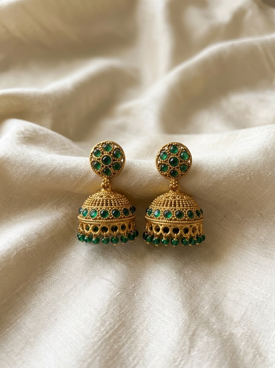 Gold Emerald Green Stone Jhumka Earrings | LLB0164