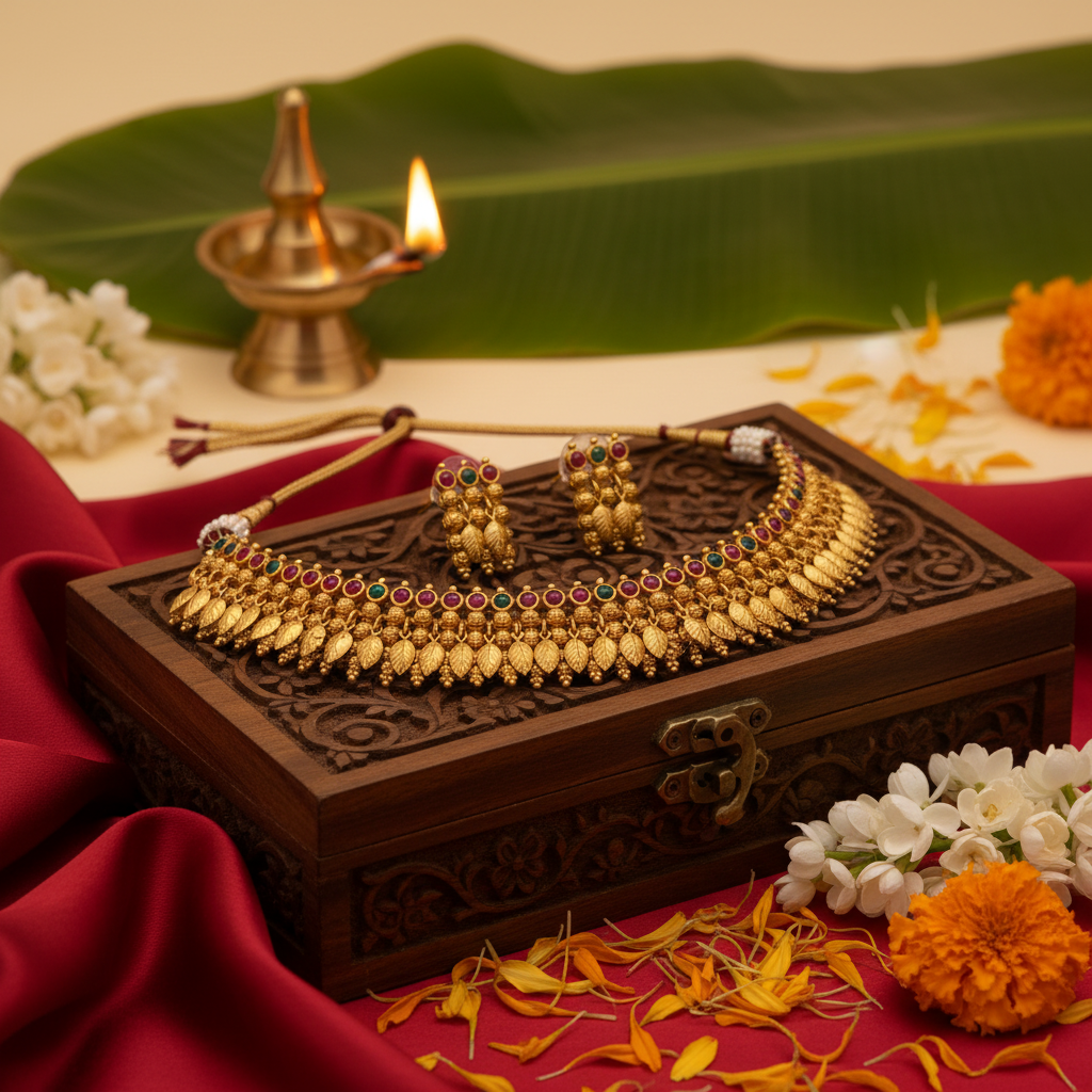 Antique Gold Ruby Emerald Elakkathali Choker Necklace Set with Earrings | LLB0218