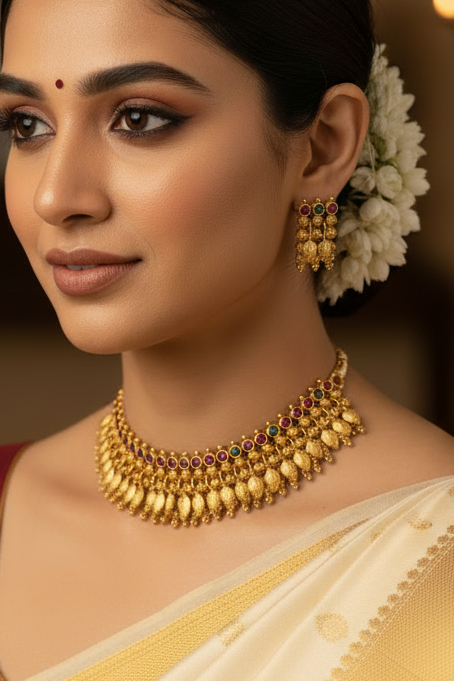 Antique Gold Ruby Emerald Elakkathali Choker Necklace Set with Earrings | LLB0218