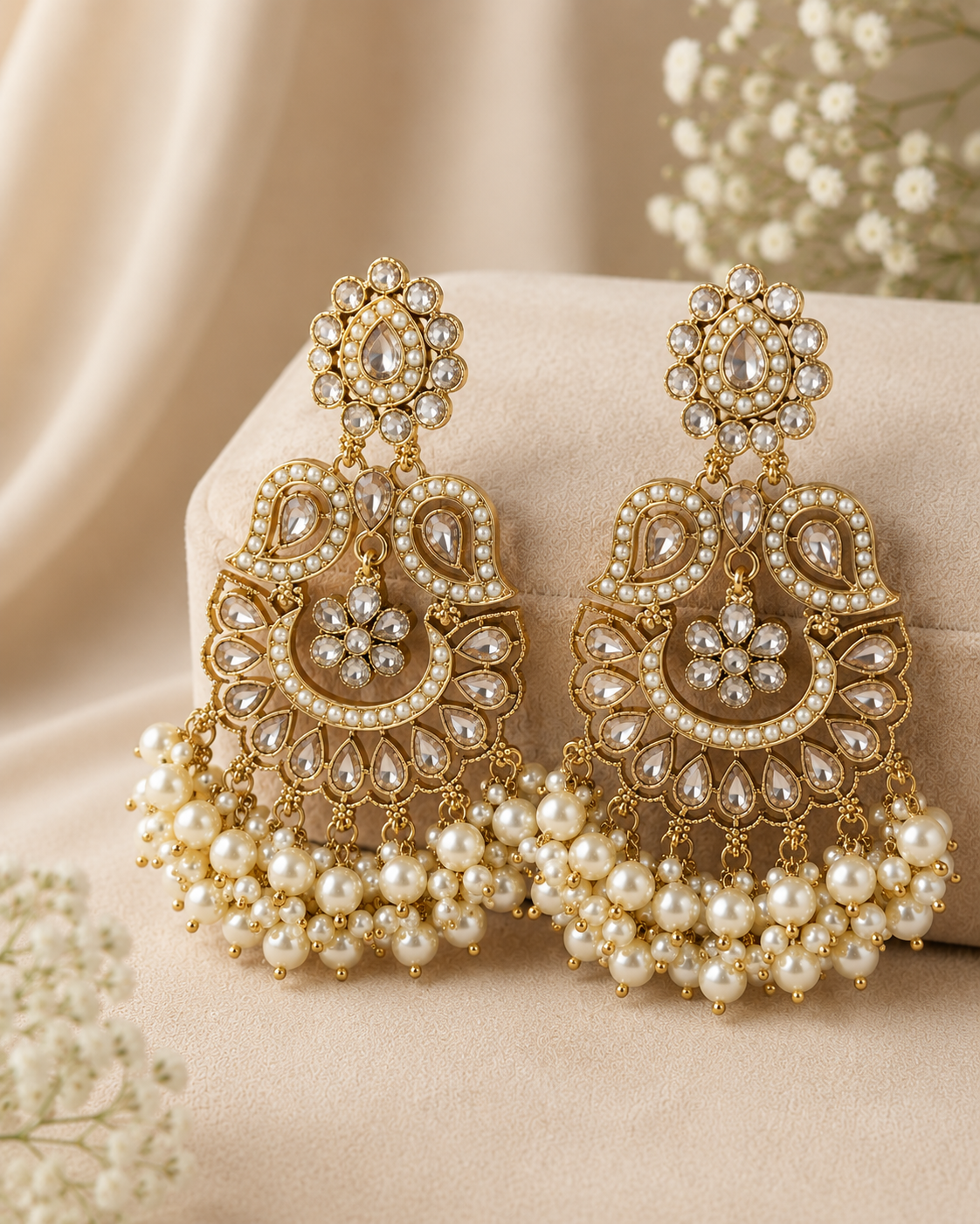 Gold Polki Kundan Chandbali Earrings with Pearl Fringe | LLB0257