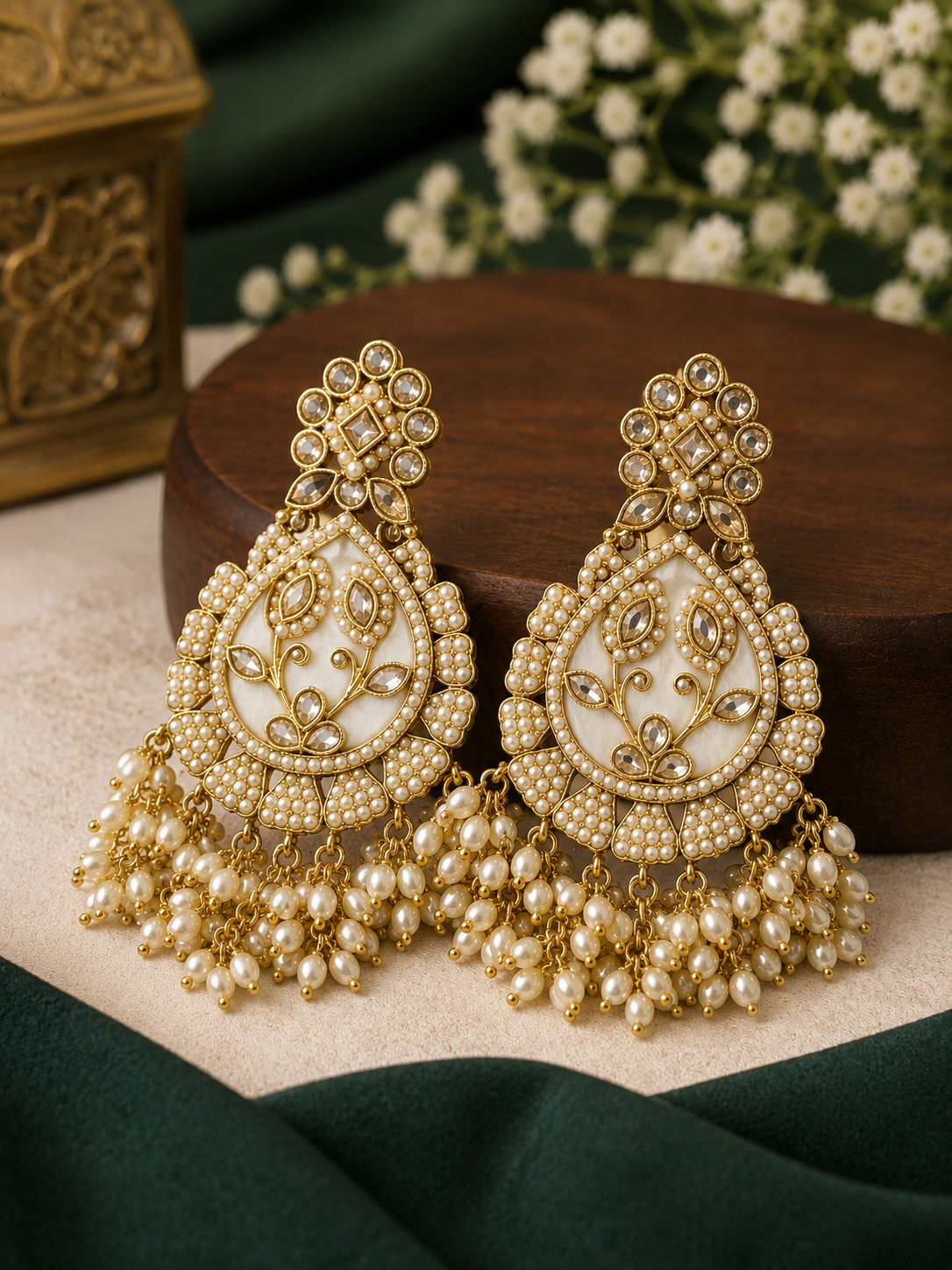 Gold Polki Kundan Teardrop Chandbali Earrings with Pearl Fringe | LLB0259
