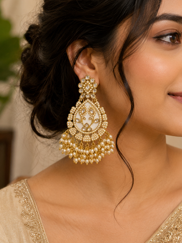 Gold Polki Kundan Teardrop Chandbali Earrings with Pearl Fringe | LLB0259