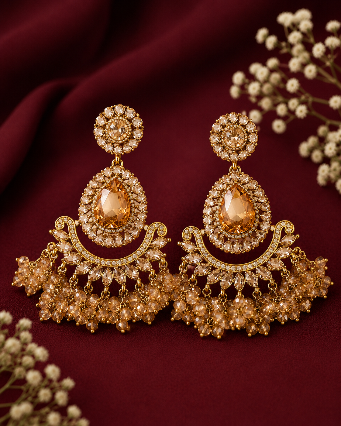 Gold CZ Diamond Chandbali Earrings with Champagne Crystal Fringe | LLB0262