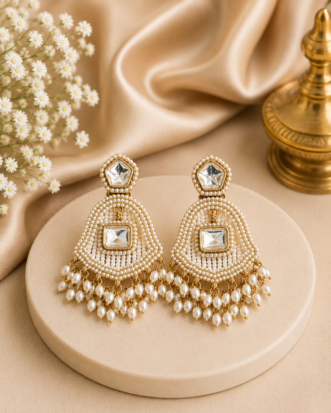 Polki Kundan Chandbali Earrings with Pearl Drops | LLB0253