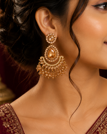 Gold CZ Diamond Chandbali Earrings with Champagne Crystal Fringe | LLB0262