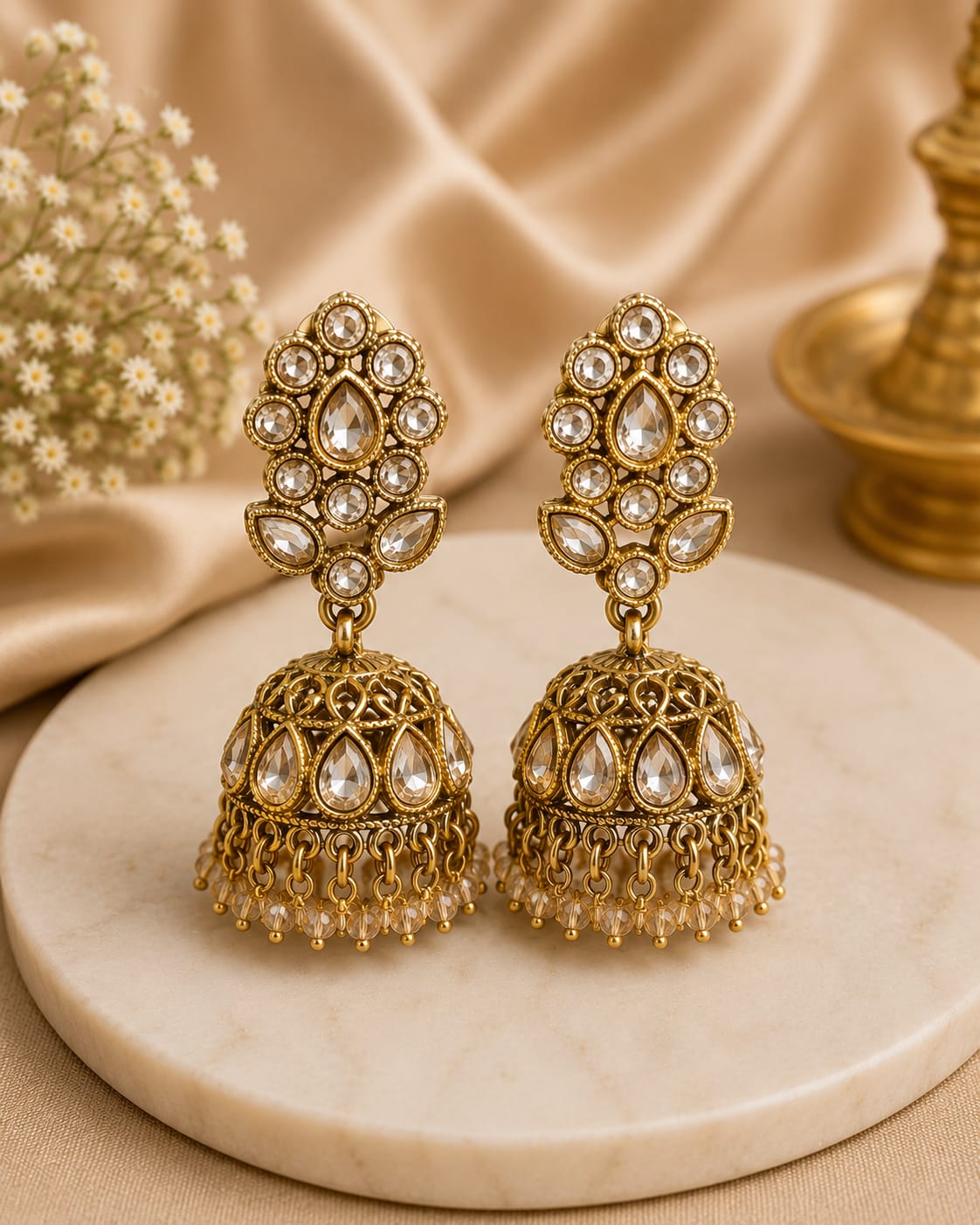 Antique Gold Polki Kundan Long Drop Jhumka Earrings | LLB0255