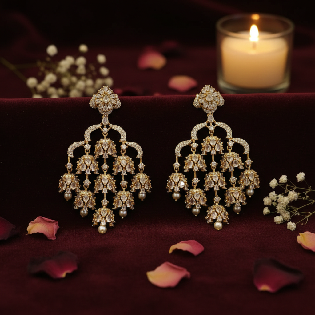 Gold Polki Diamond Chandelier Earrings with Pearl Drops | LLB0220