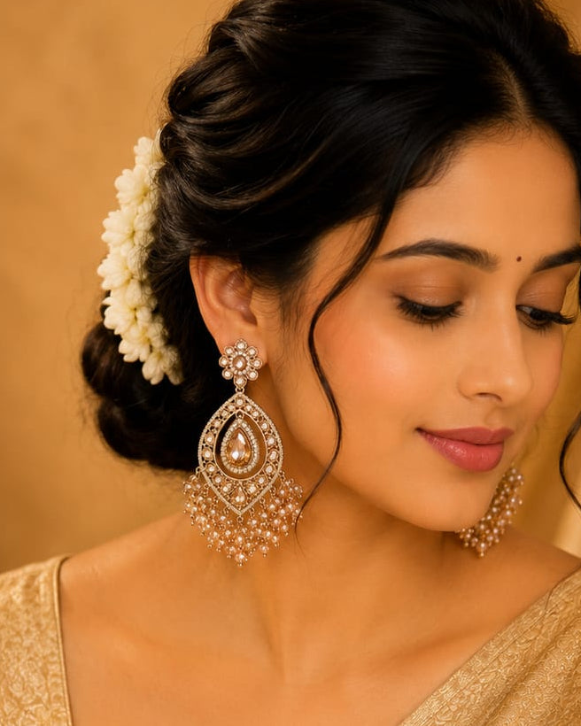 Antique Gold Parab Chandbali Earrings with Crystal Bead Fringe | LLB0275