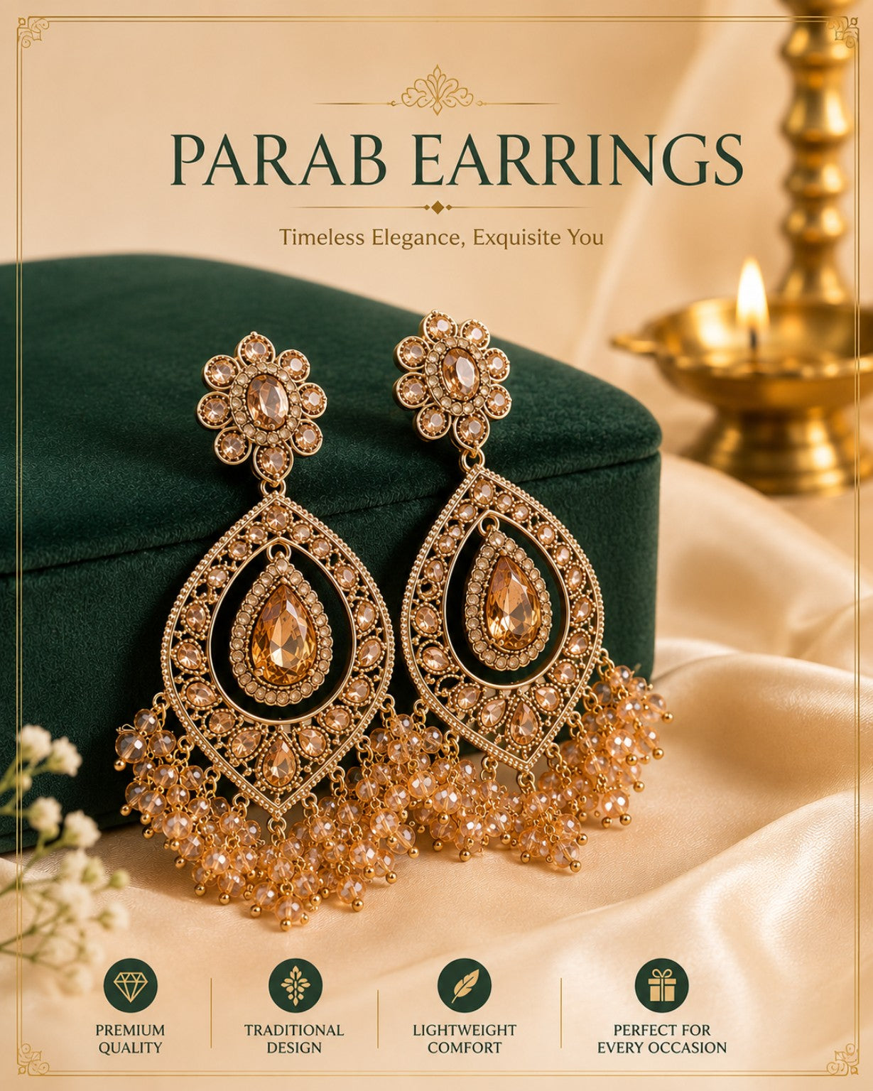 Antique Gold Parab Chandbali Earrings with Crystal Bead Fringe | LLB0275