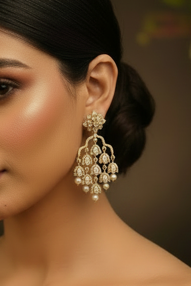 Gold Polki Diamond Chandelier Earrings with Pearl Drops | LLB0220