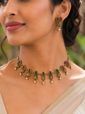 Antique Gold Choker Necklace Set with Ruby, Emerald & Pearl Drops | llb028
