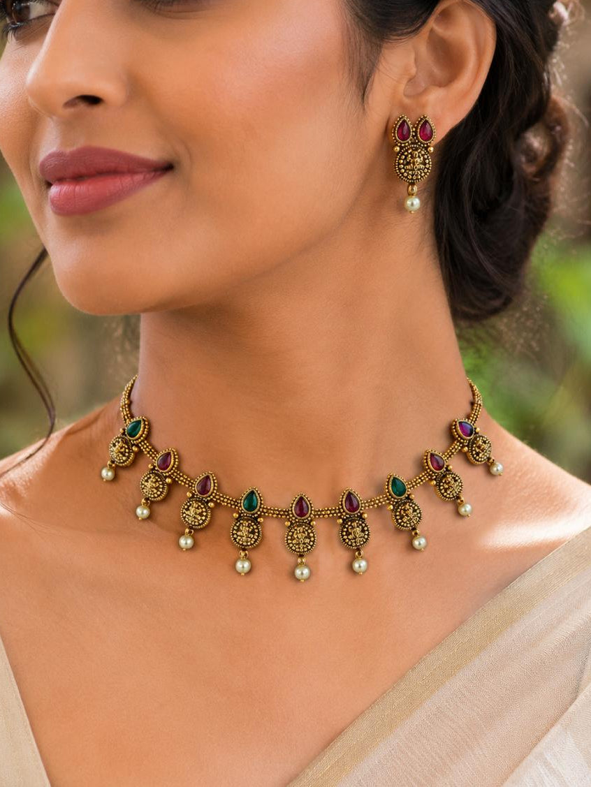 Antique Gold Choker Necklace Set with Ruby, Emerald & Pearl Drops | llb028