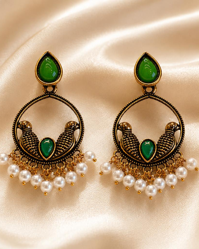 Antique Gold Chandbali Earrings | Green Stone & Pearl Drops | llb0109