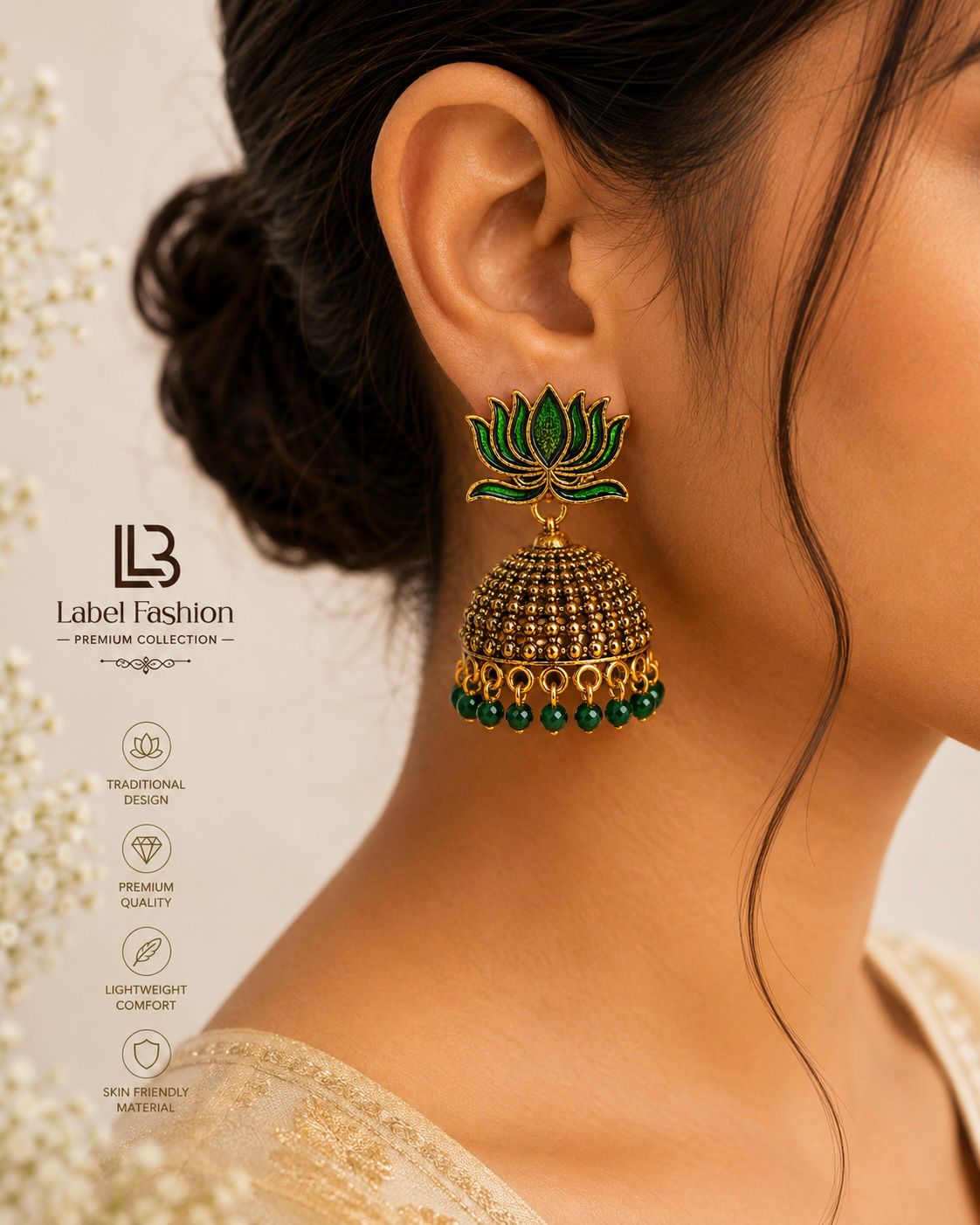Green Lotus Jhumka Earrings | Antique Gold Temple Jewellery | llb0142