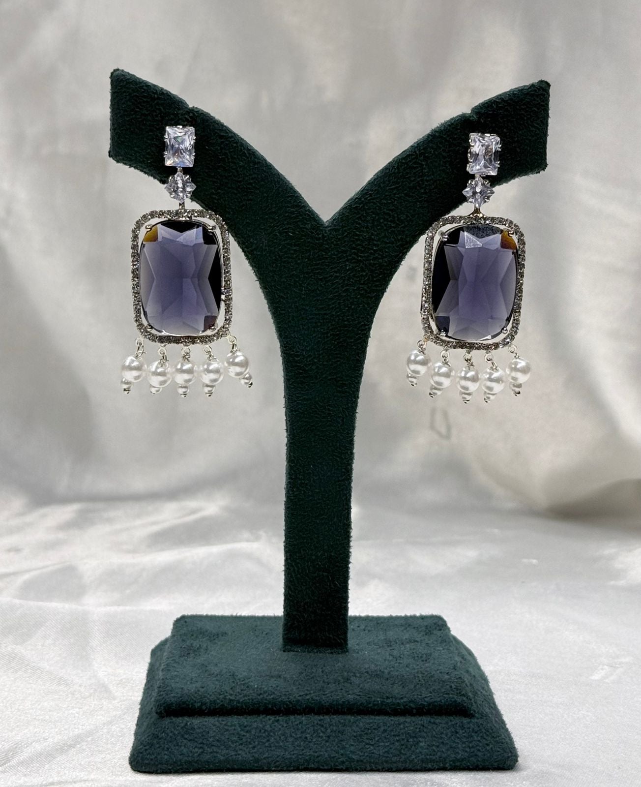 Dark Blue Stone Crystal Earrings with Pearl Drops,llb564