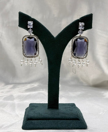 Dark Blue Stone Crystal Earrings with Pearl Drops,llb564