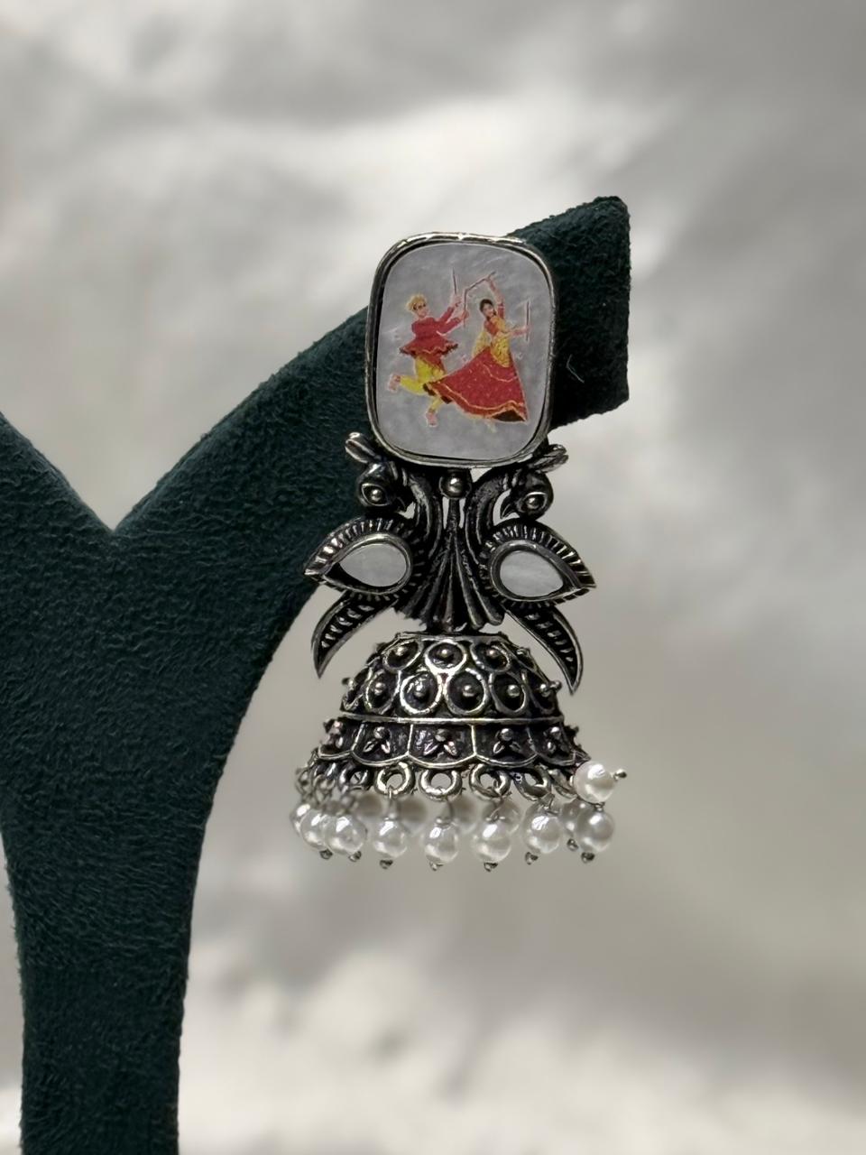 Oxidised Silver Dance Motif Jhumka Earrings with Pearl Drops604