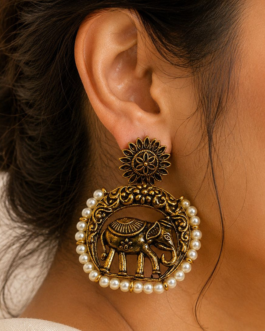 Oxidised Gold Elephant Hoop Earrings with Floral Stud & Pearl Border| llb0108