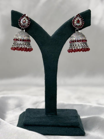 Red Stone Oxidised Silver Jhumka Earrings,llb583